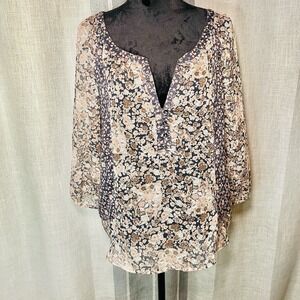 American Eagle Floral Gauzy Boho 3/4 Sleeve Women's Top 2010s - Large